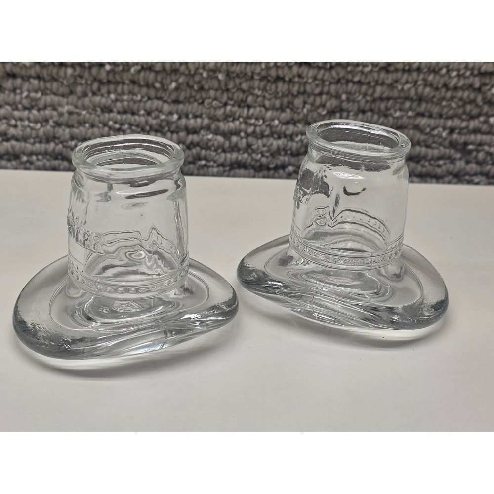 Vintage‎ Libbey Clear Glass Cowboy Hat Toothpick Holder Votive Set of 2 Western
